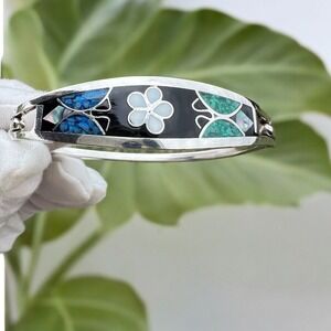 Vintage Alpaca Mexico Women's Bracelet Abalone Shell Floral Silver Tone‎ Signed